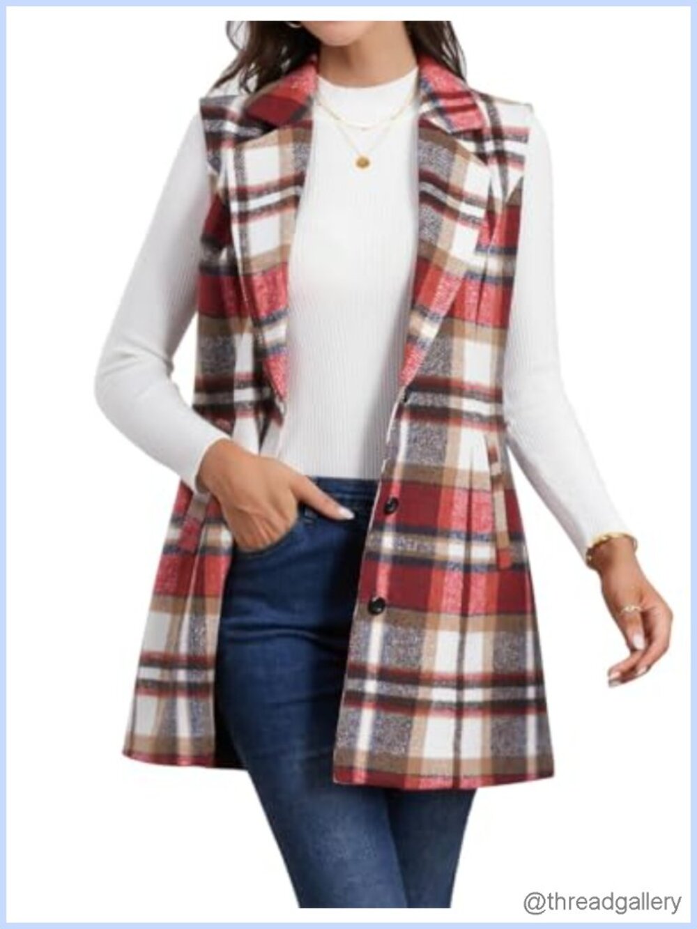Womens Wool Plaid Long Vest Sleeveless Blazer Jacket Fall Winter Outerwear